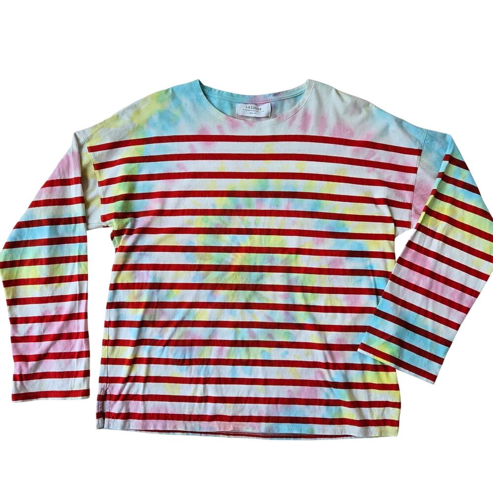 La Ligne Charlotte $148 Red Stripe Tie Dye Cotton Tee T-Shirt Oversized Women XS